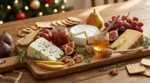 Tagliere natalizio con formaggi, miele, marmellata, frutta secca e fresca su tavola di legno.