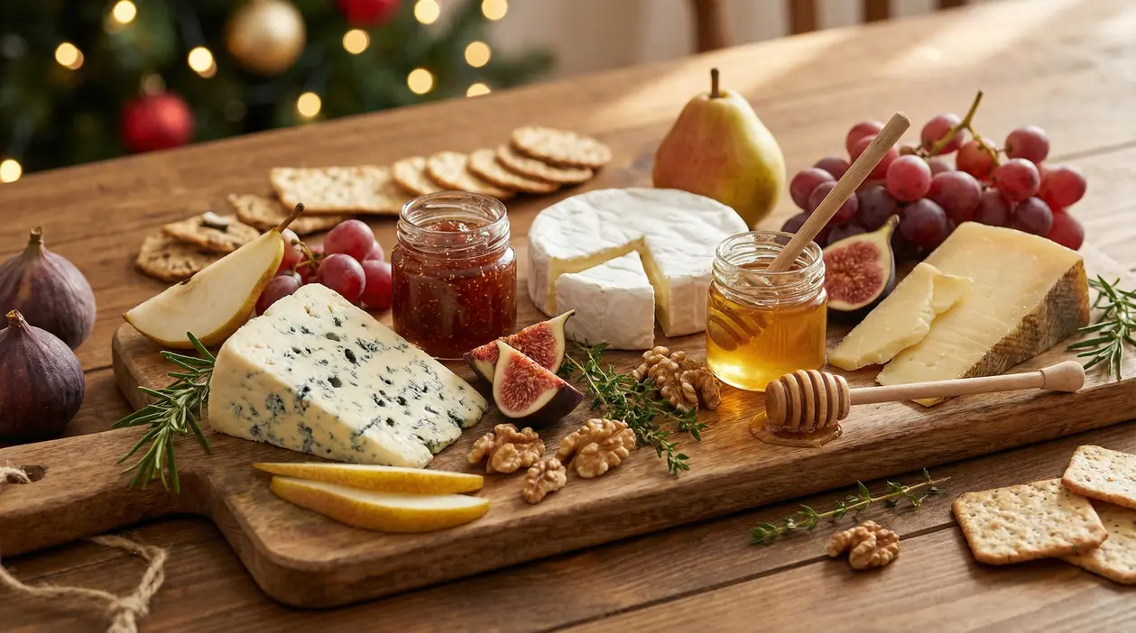 Tagliere natalizio con formaggi, miele, marmellata, frutta secca e fresca su tavola di legno.