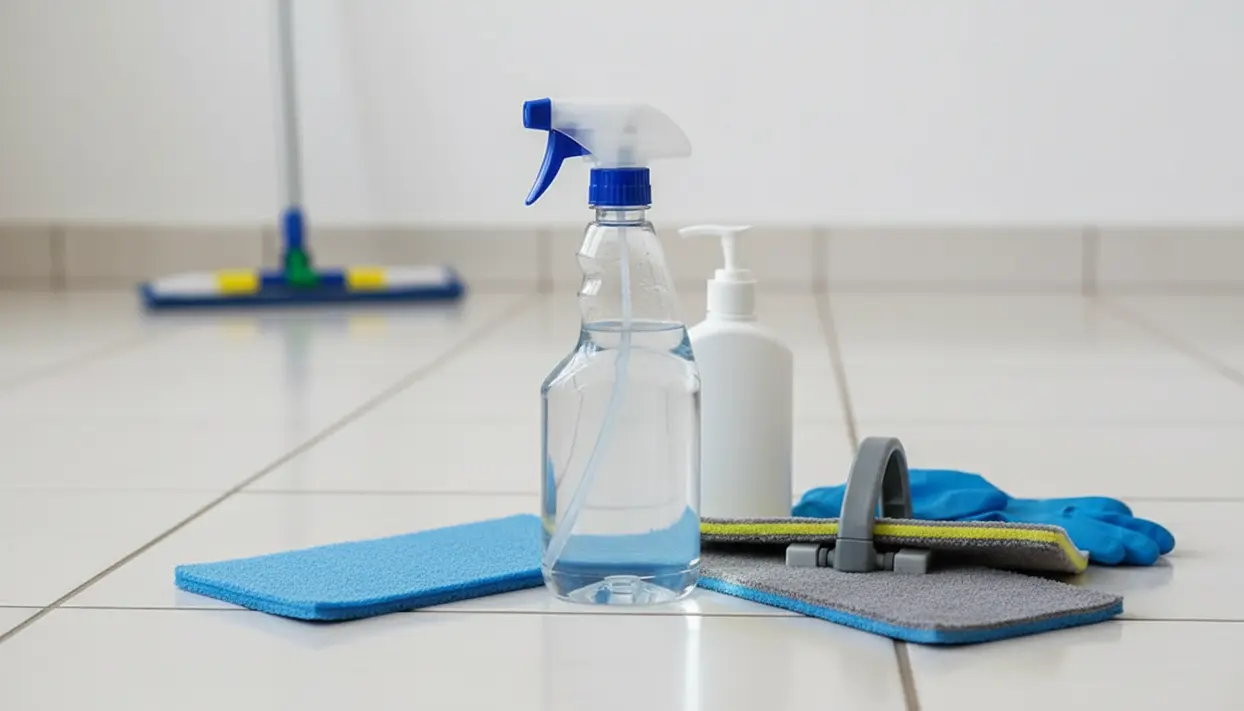 Flacone spray con soluzione detergente, guanti e panni in microfibra su pavimento piastrellato, con mop sullo sfondo