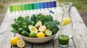 Ciotola con verdure verdi, agrumi, caraffa d'acqua con limone e succo verde su un tavolo di legno