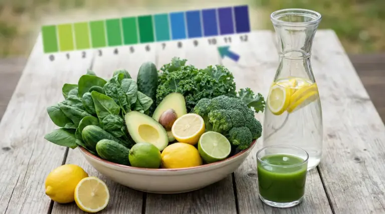 Ciotola con verdure verdi, agrumi, caraffa d'acqua con limone e succo verde su un tavolo di legno