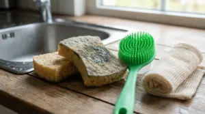 Spugne da cucina usurate accanto a una spazzola in silicone e un panno su un piano vicino al lavello