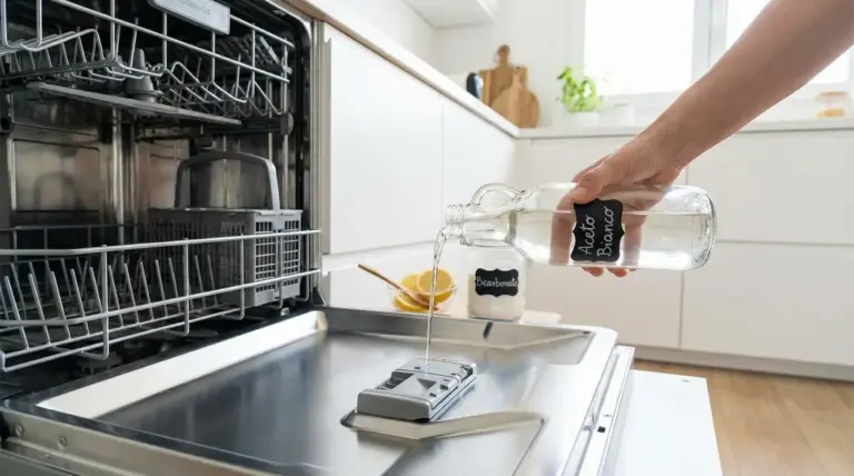 Una mano versa aceto bianco nel comparto del brillantante di una lavastoviglie aperta