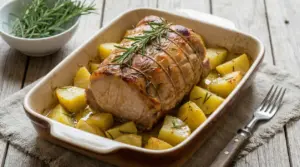 Arista di maiale al forno con patate e rosmarino in una teglia su tavolo rustico