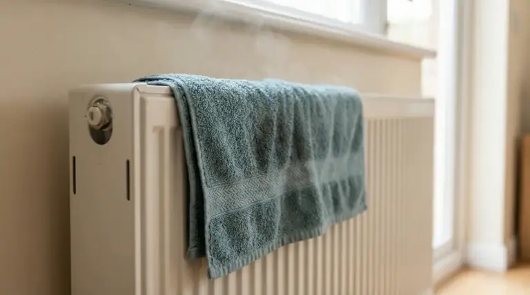 Asciugamano bagnato appoggiato su un termosifone acceso con vapore che sale vicino a una finestra