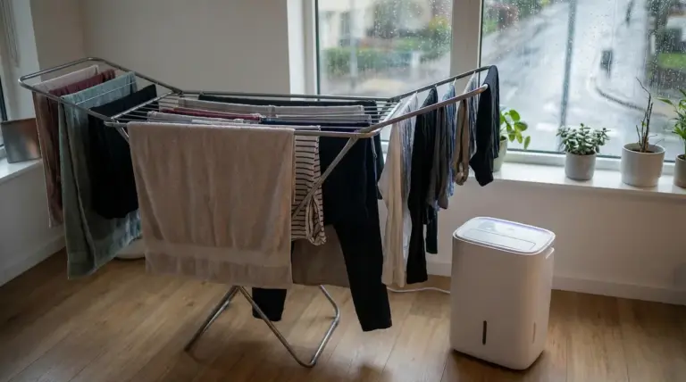 Stendibiancheria con panni bagnati accanto a un deumidificatore in una stanza con pioggia fuori dalla finestra