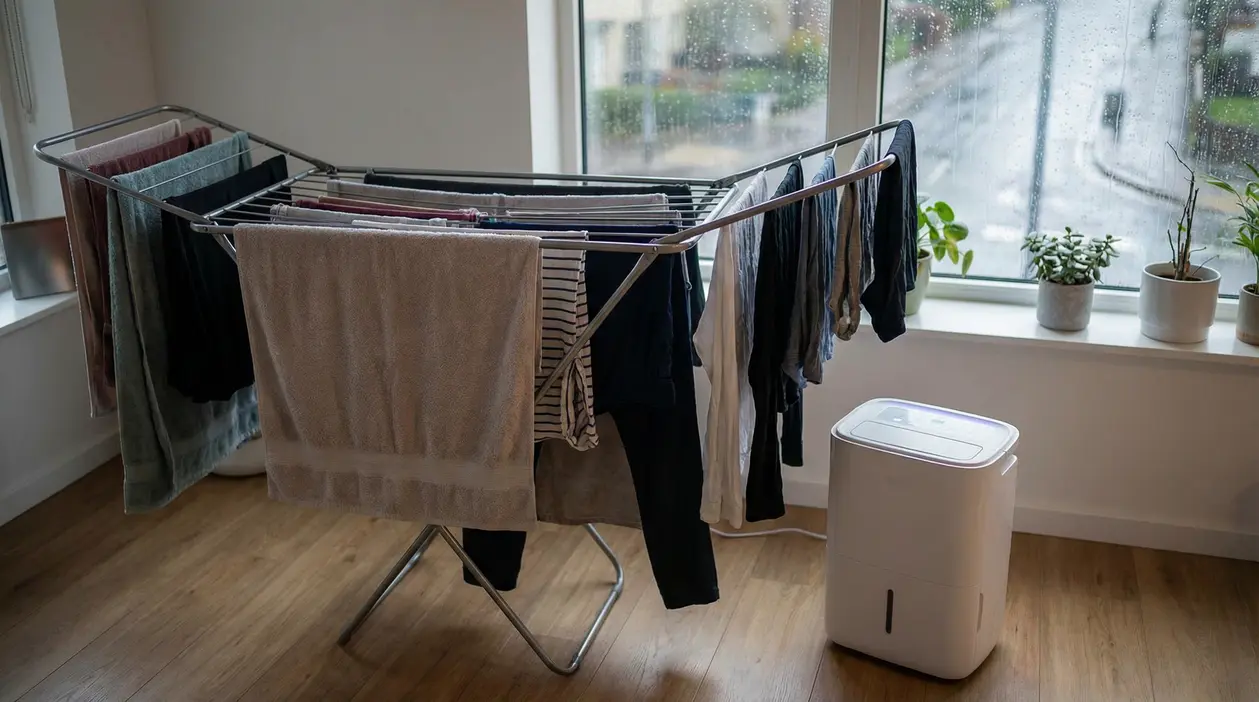 Stendibiancheria con panni bagnati accanto a un deumidificatore in una stanza con pioggia fuori dalla finestra