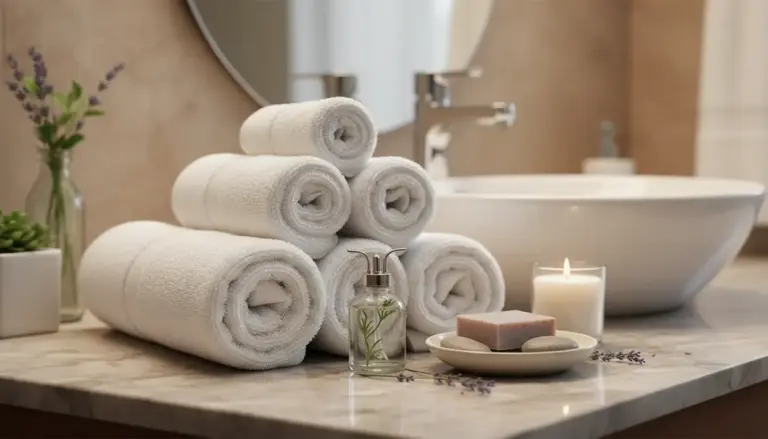 Asciugamani arrotolati, sapone, candela e flacone decorativo su un lavabo da bagno elegante