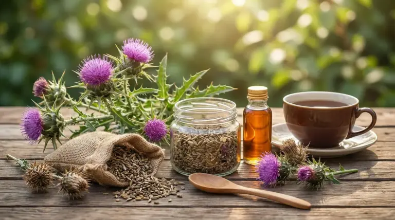 Cardo mariano con semi, infuso e olio su un tavolo di legno all'aperto