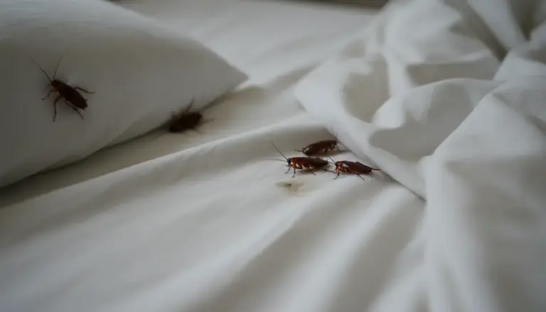 Blatte sul letto con lenzuola bianche e cuscino, segnale di possibile infestazione in camera da letto