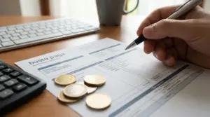 Una mano che compila una busta paga con monete euro su una scrivania