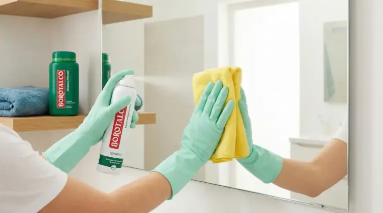 Mani con guanti che spruzzano borotalco e puliscono uno specchio con panno giallo in bagno