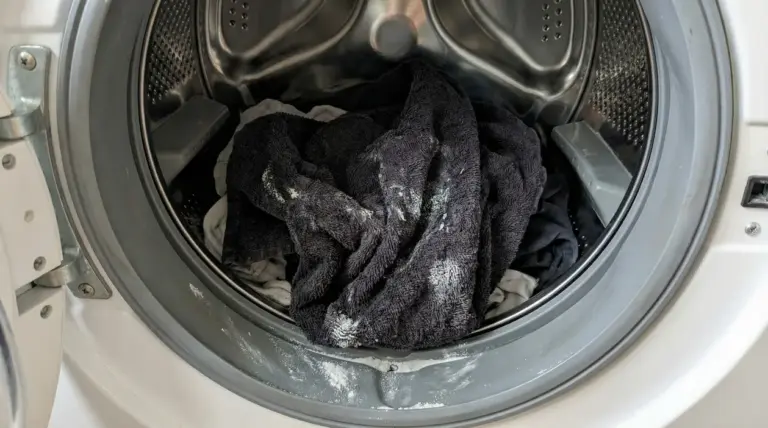 Asciugamani scuri con residui di detersivo dentro una lavatrice aperta