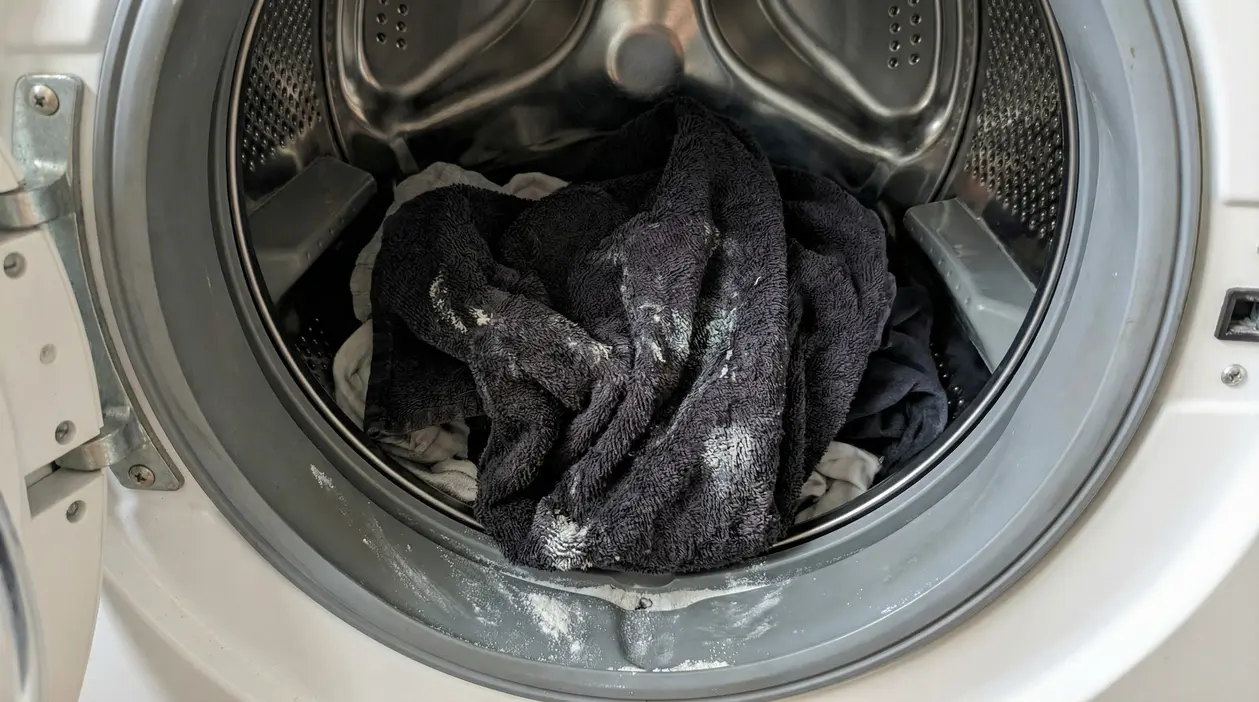 Asciugamani scuri con residui di detersivo dentro una lavatrice aperta