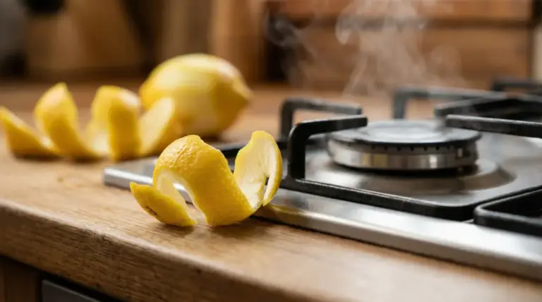 Buccia di limone sul piano cucina vicino ai fornelli a gas, con vapore che sale dal bruciatore