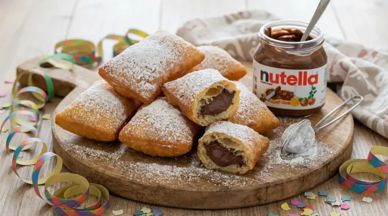 Bugie di Carnevale ripiene di Nutella su un tagliere con zucchero a velo e coriandoli