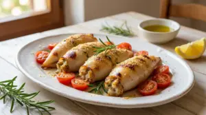 Calamari ripieni al forno serviti con pomodorini e rosmarino su un piatto bianco