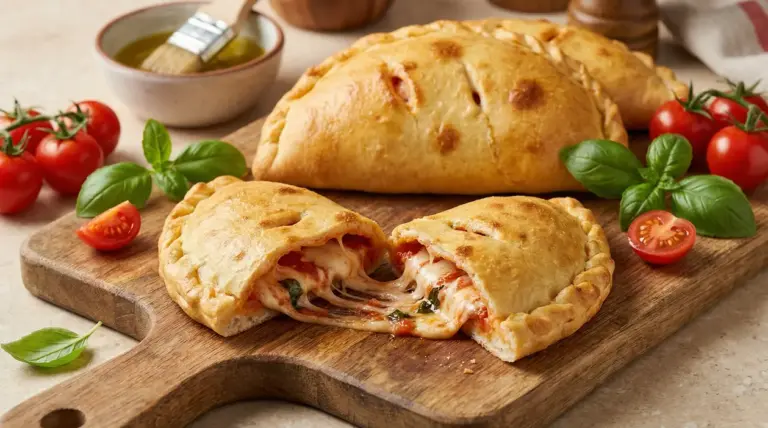 Calzoni al forno con ripieno filante su tagliere di legno, contornati da pomodorini e basilico.