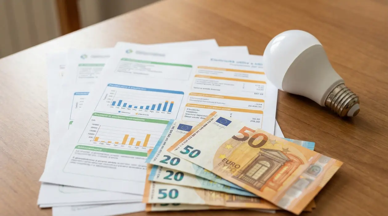 Bollette della luce, banconote in euro e una lampadina su un tavolo in legno