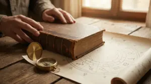 Mani su un vecchio libro accanto a una mappa astrologica e una bussola su tavolo di legno