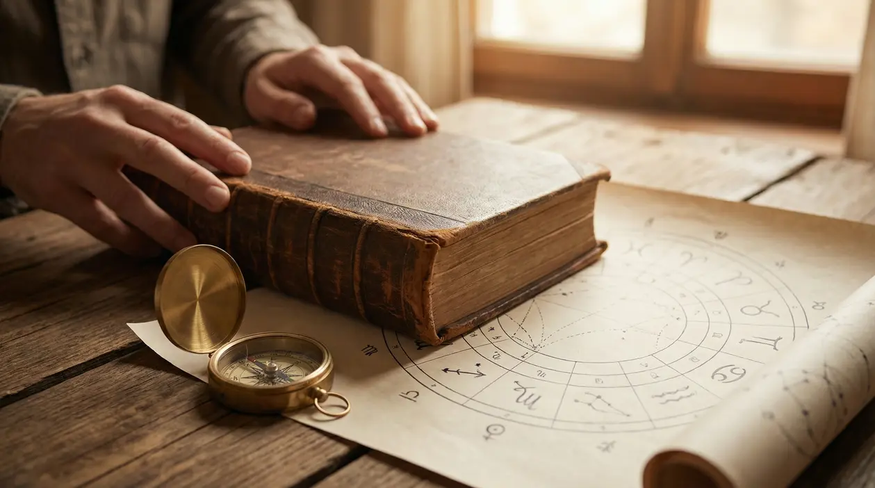 Mani su un vecchio libro accanto a una mappa astrologica e una bussola su tavolo di legno