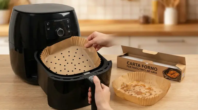 Una persona inserisce carta da forno forata in una friggitrice ad aria in una cucina