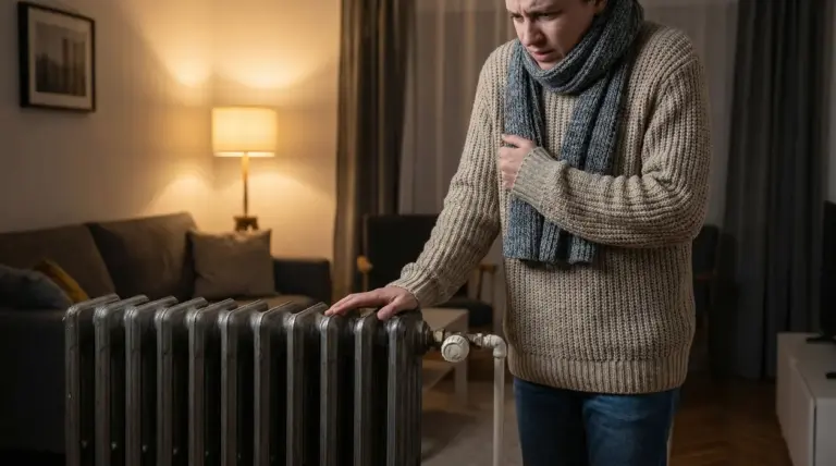 Persona in salotto controlla un termosifone freddo toccandolo, con maglione e sciarpa, riscaldamento acceso ma poca resa