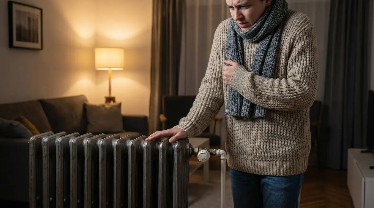 Persona in salotto controlla un termosifone freddo toccandolo, con maglione e sciarpa, riscaldamento acceso ma poca resa