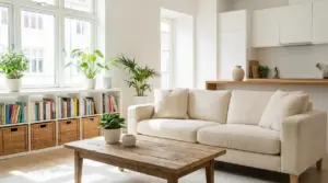 Soggiorno ordinato e luminoso con divano chiaro, tavolino in legno, libreria e piante vicino alle finestre