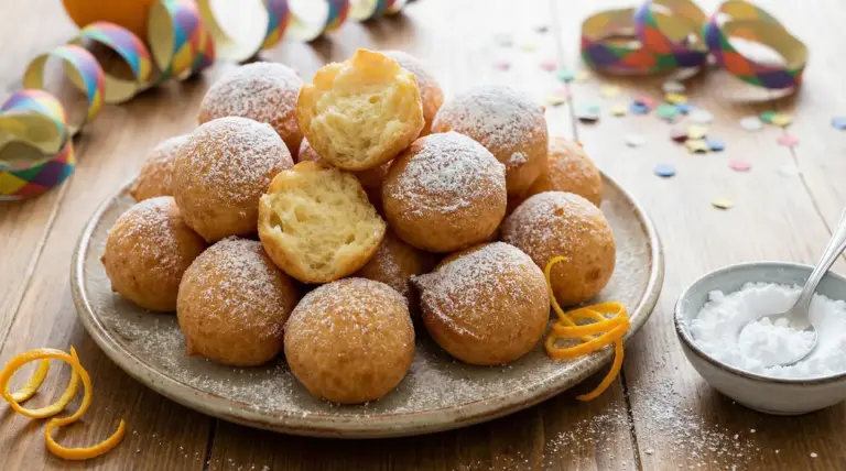 Castagnole soffici con zucchero a velo su piatto, decorate con scorza d'arancia e coriandoli