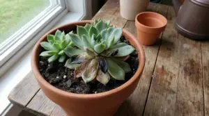 Pianta grassa in vaso con segni di marciume sulle foglie inferiori