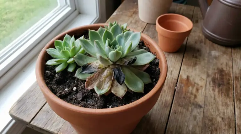 Pianta grassa in vaso con segni di marciume sulle foglie inferiori