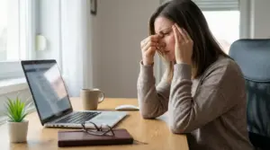 Persona seduta davanti a un laptop con espressione sofferente e mani alla testa