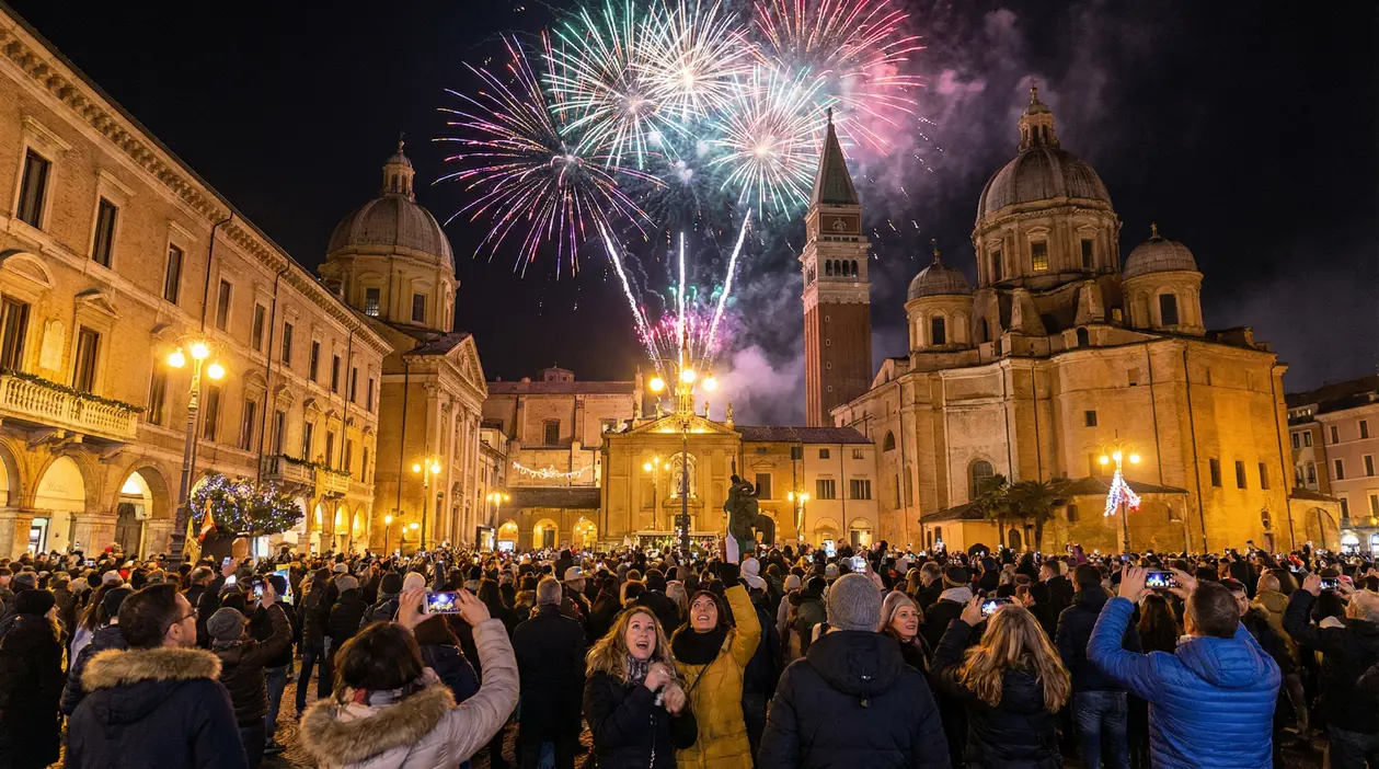 Persone riunite in piazza per i fuochi d'artificio di Capodanno davanti a edifici storici illuminati