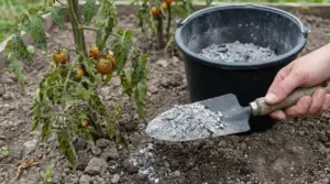 Cenere su una paletta vicino a una pianta di pomodori in un orto