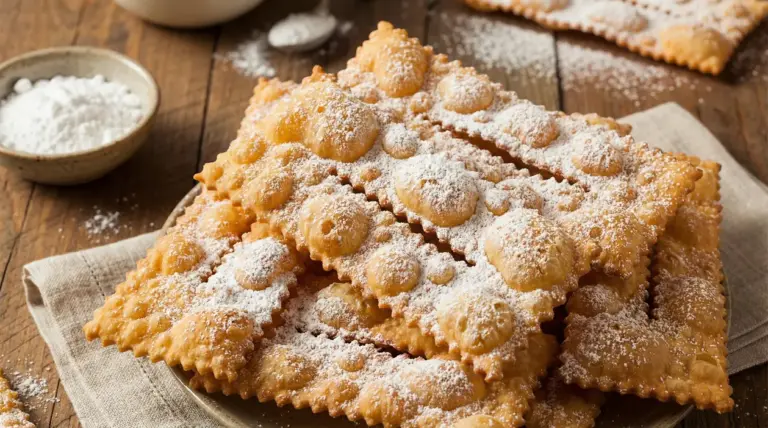 Chiacchiere croccanti e bollose spolverate di zucchero a velo su un piatto di legno rustico