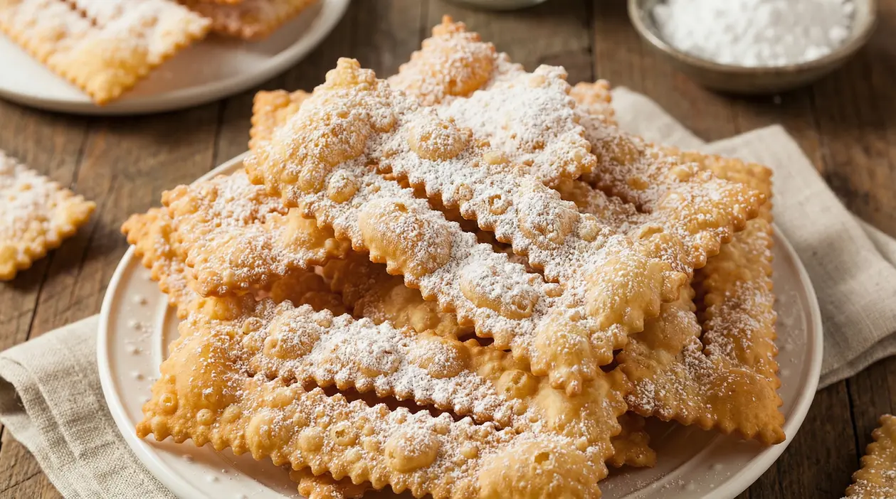 Chiacchiere fritte spolverate di zucchero a velo su un piatto di ceramica bianca