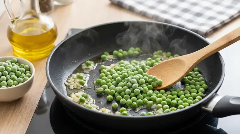Piselli surgelati in padella con cipolla e olio d'oliva durante la cottura