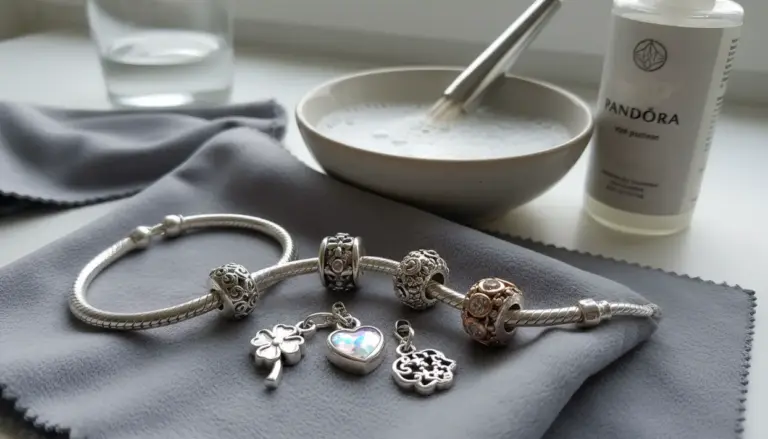 Bracciale con ciondoli Pandora su panno in microfibra, con ciotola di acqua saponata e spazzolino per la pulizia