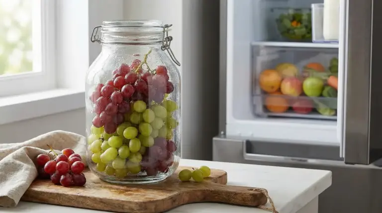 Grappoli di uva rossa e verde conservati in un barattolo di vetro su un tagliere vicino a un frigorifero