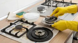 Pulizia di un bruciatore a gas smontato con spazzolino e acqua sul piano cottura