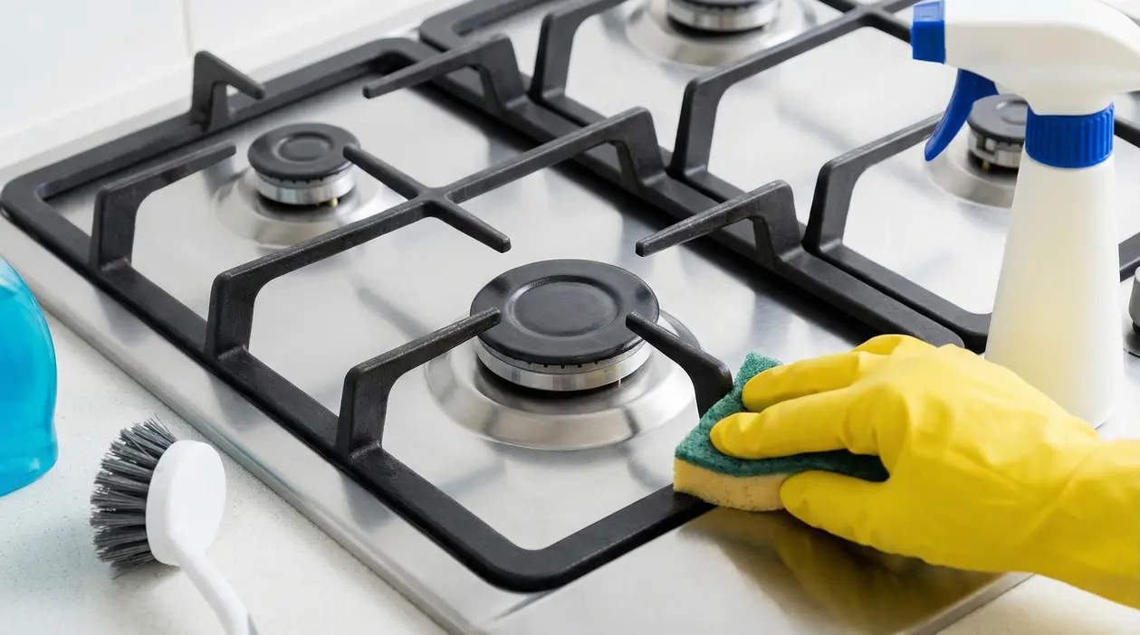 Pulizia di un fornello a gas con spugna e guanto in lattice giallo