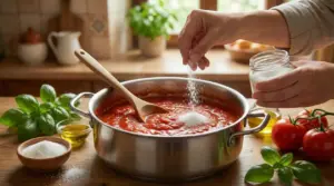 Una mano aggiunge zucchero a un sugo di pomodoro in cottura in una pentola su un piano da cucina
