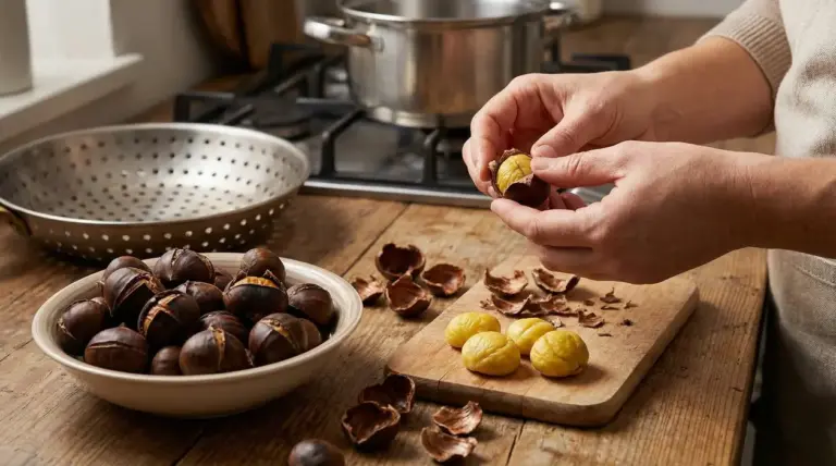 Mani che sbucciano castagne cotte su un tagliere in cucina