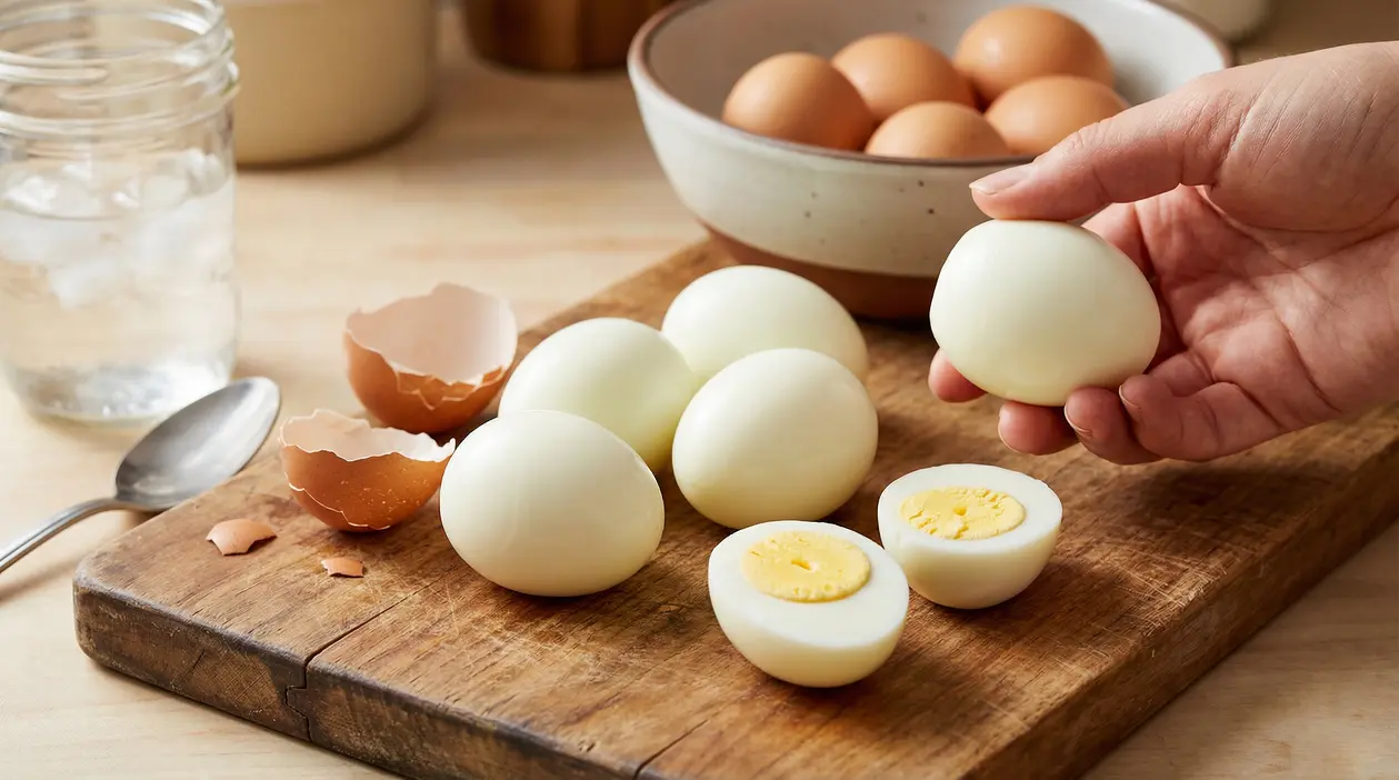 Uova sode sgusciate su un tagliere di legno con gusci vuoti e una mano che ne tiene una