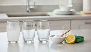 Bicchieri di vetro con diversi livelli di opacità su un piano cucina, accanto a limone, bicarbonato e spugna