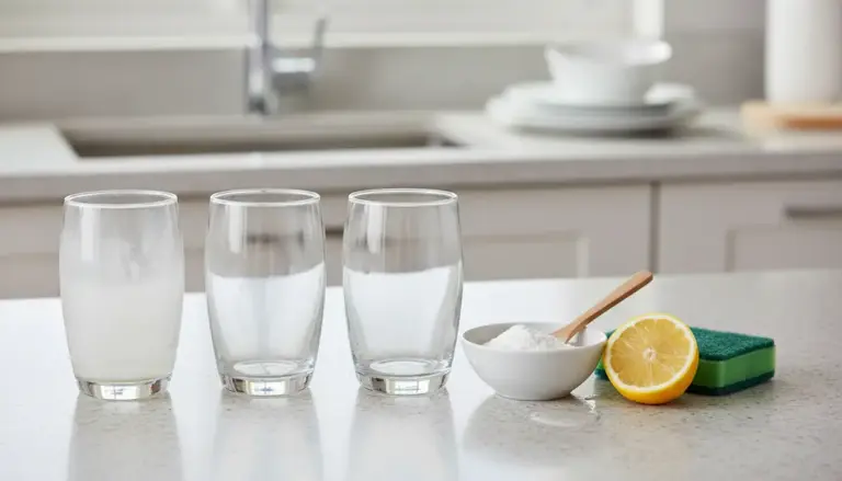 Bicchieri di vetro con diversi livelli di opacità su un piano cucina, accanto a limone, bicarbonato e spugna