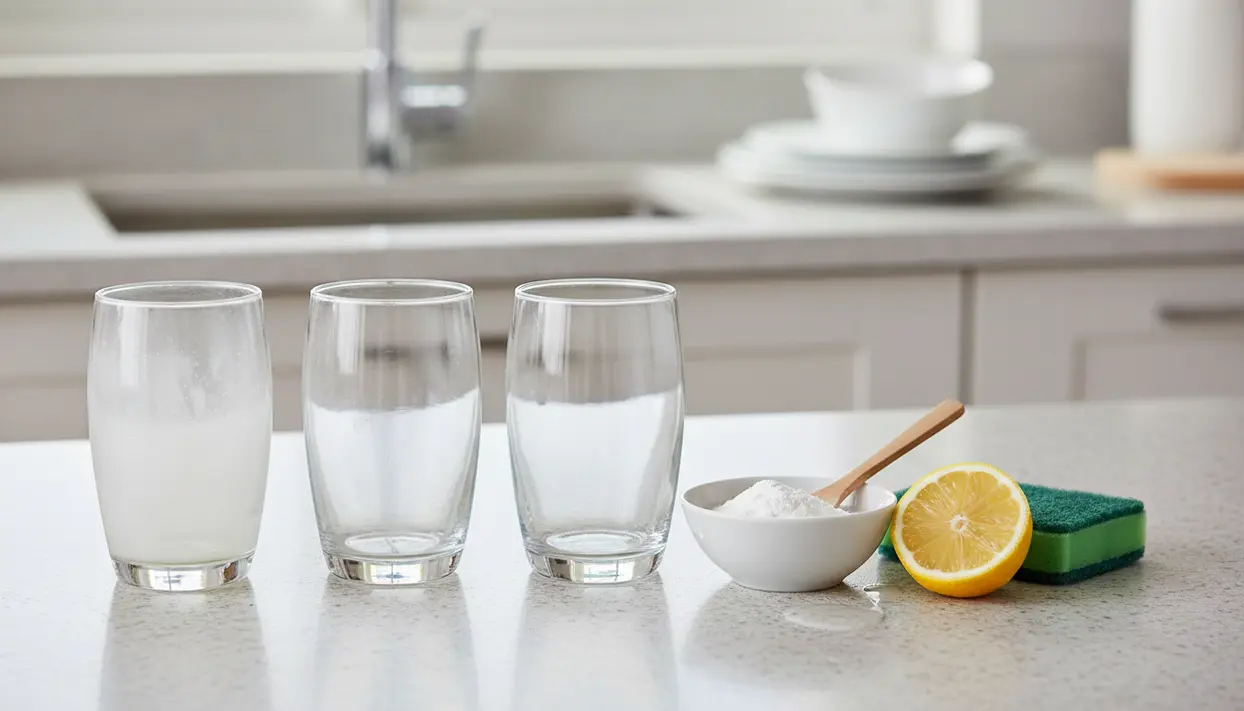 Bicchieri di vetro con diversi livelli di opacità su un piano cucina, accanto a limone, bicarbonato e spugna
