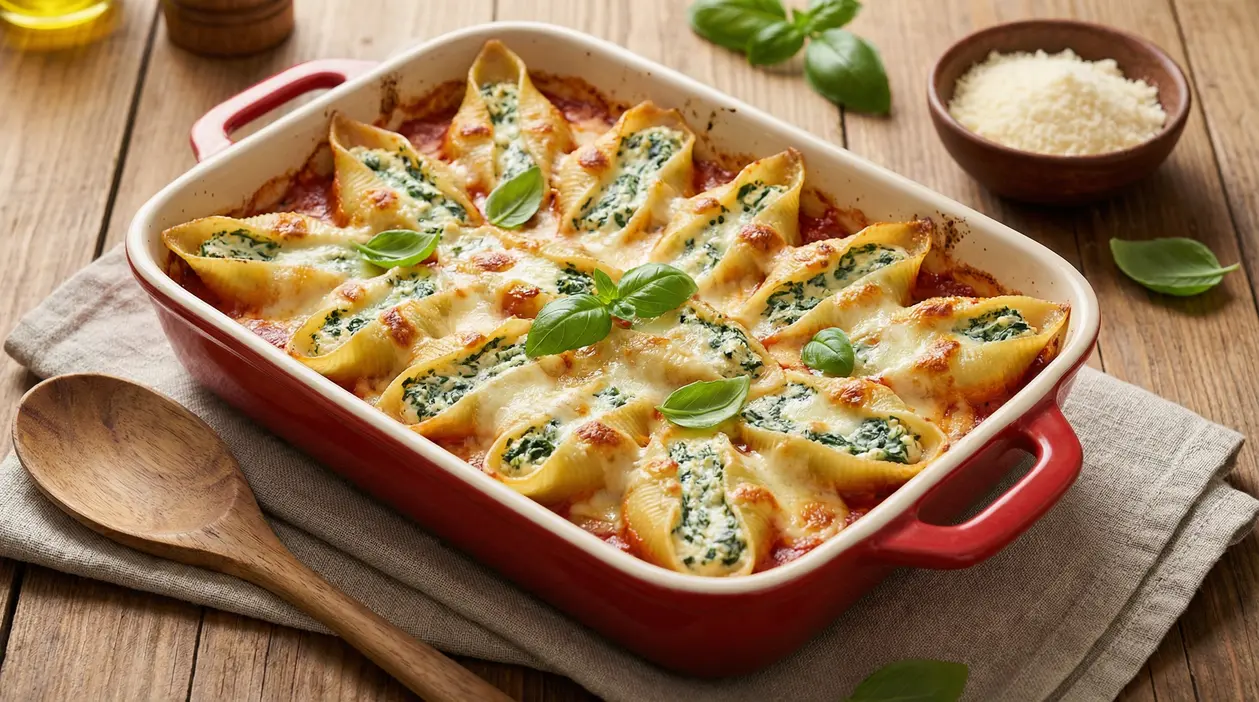 Conchiglioni ripieni al forno con ricotta e spinaci in teglia rossa su tavolo di legno