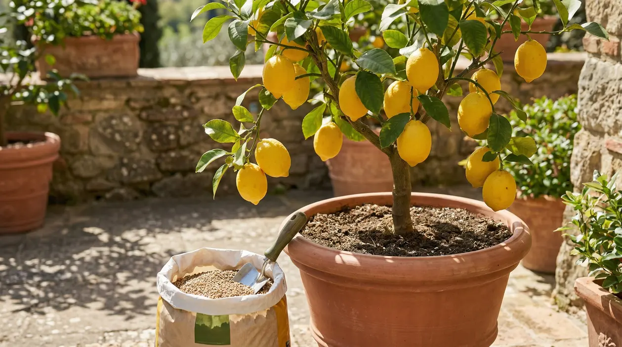 Albero di limoni in vaso con concime granulare accanto in un giardino soleggiato